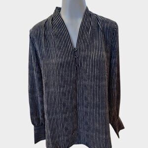 Adrianna Papell Navy & White Striped Blouse Size S | Button Sleeve